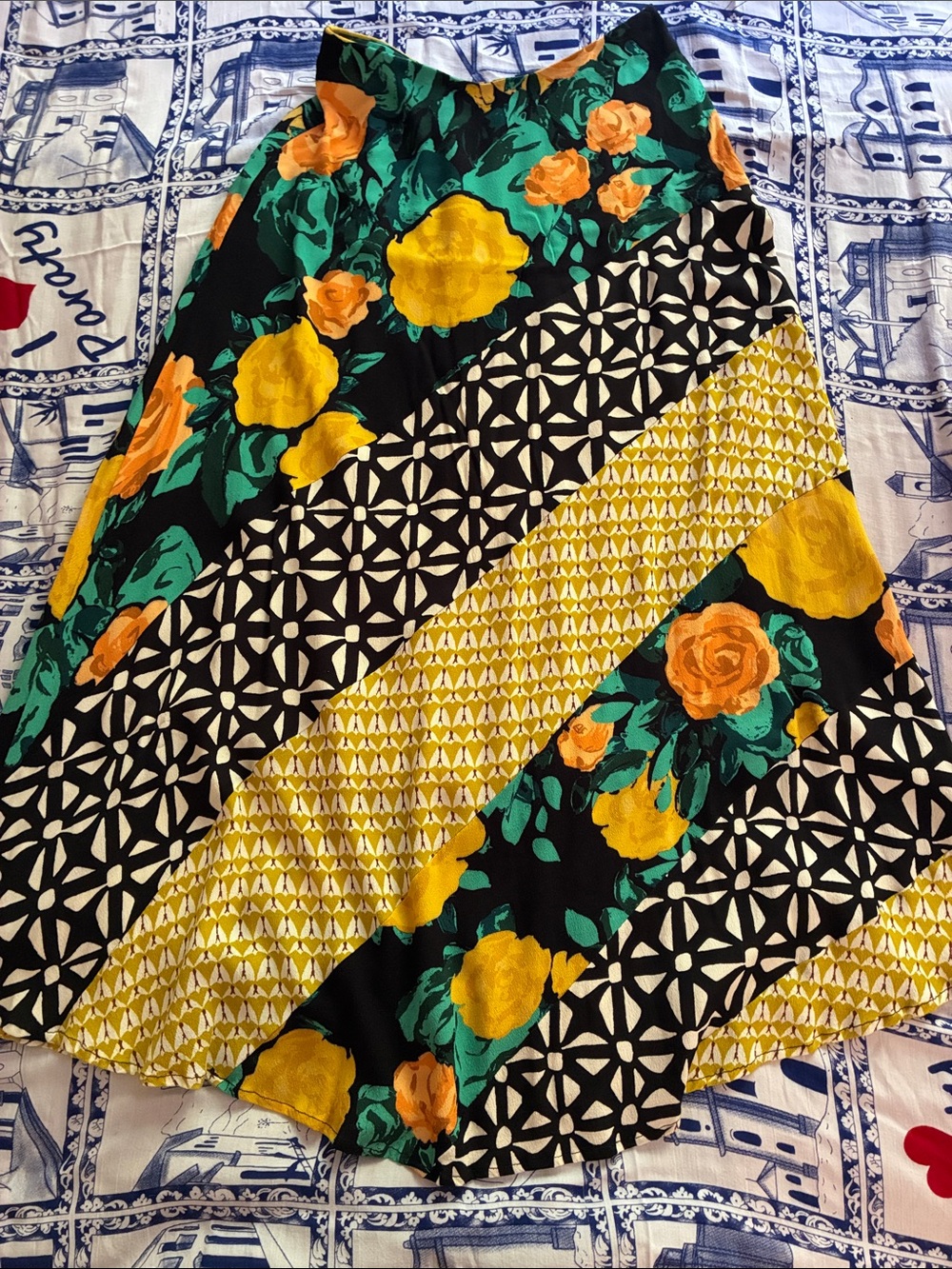 Anthropologie Yellow & Green Floral Patchwork Maxi Silk Skirt size xs